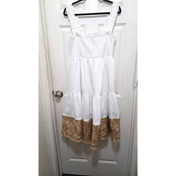 Abercrombie & Fitch White & Gold Embroidered Tiered Dress Ruffled Straps Smocked - Picture 2 of 8